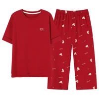 Newest Summer Casual Pajamas Set Women 100% Cotton Sleepwear Female Short Top+Calf-Length Pant Pyjamas - Image 3