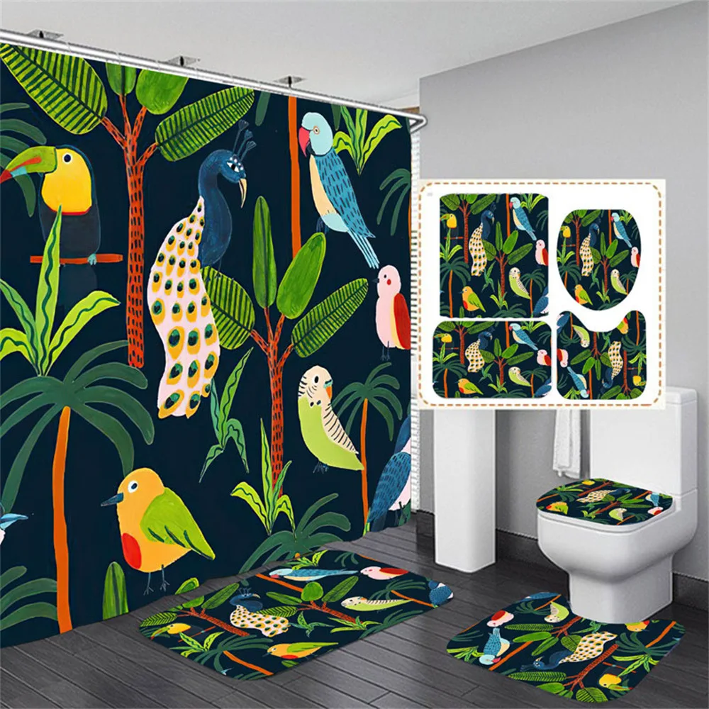 

Green Plants Flower And birds Bathroom Waterproof Shower Curtain Set Printe Fabric Shower Curtain Family Bathroom Decoration Set