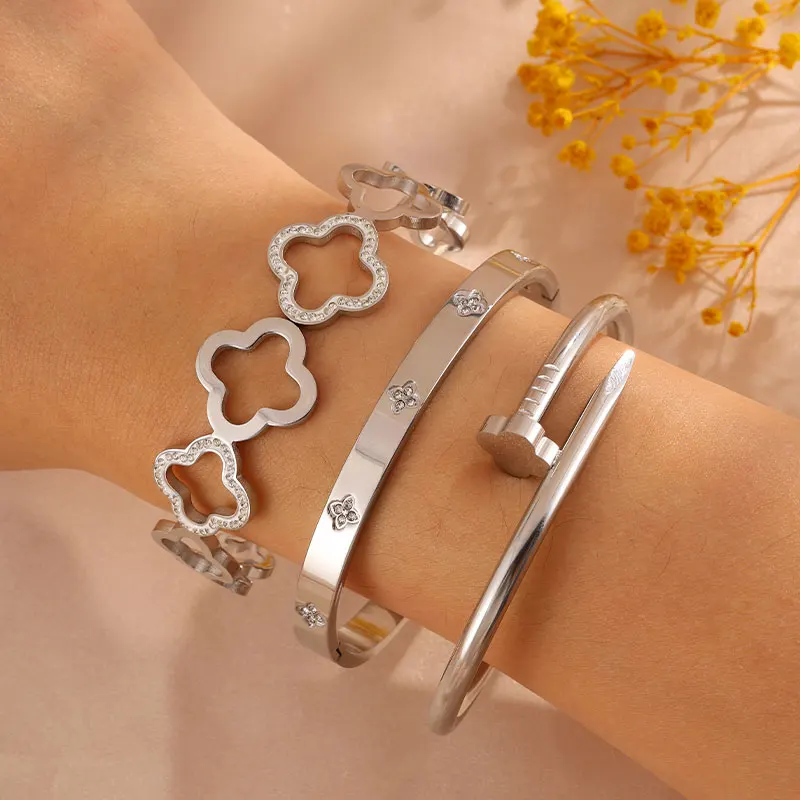 ZAKOL 1/3 قطع أنيقة جديدة أربع أوراق البرسيم الزركون الفولاذ المقاوم للصدأ سوار مجموعة للنساء الفاخرة عطلة حزب مجوهرات هدية