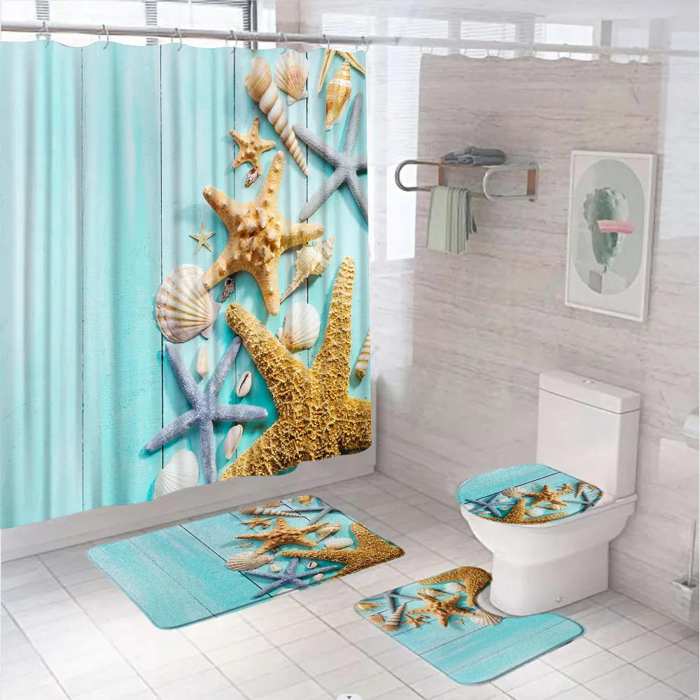 

Beach Shower Curtain Set for Bathroom Non-Slip Rug Toilet Lid Cover Carpet Mat Seashell Starfish Wooden Board Ocean Bath Curtain