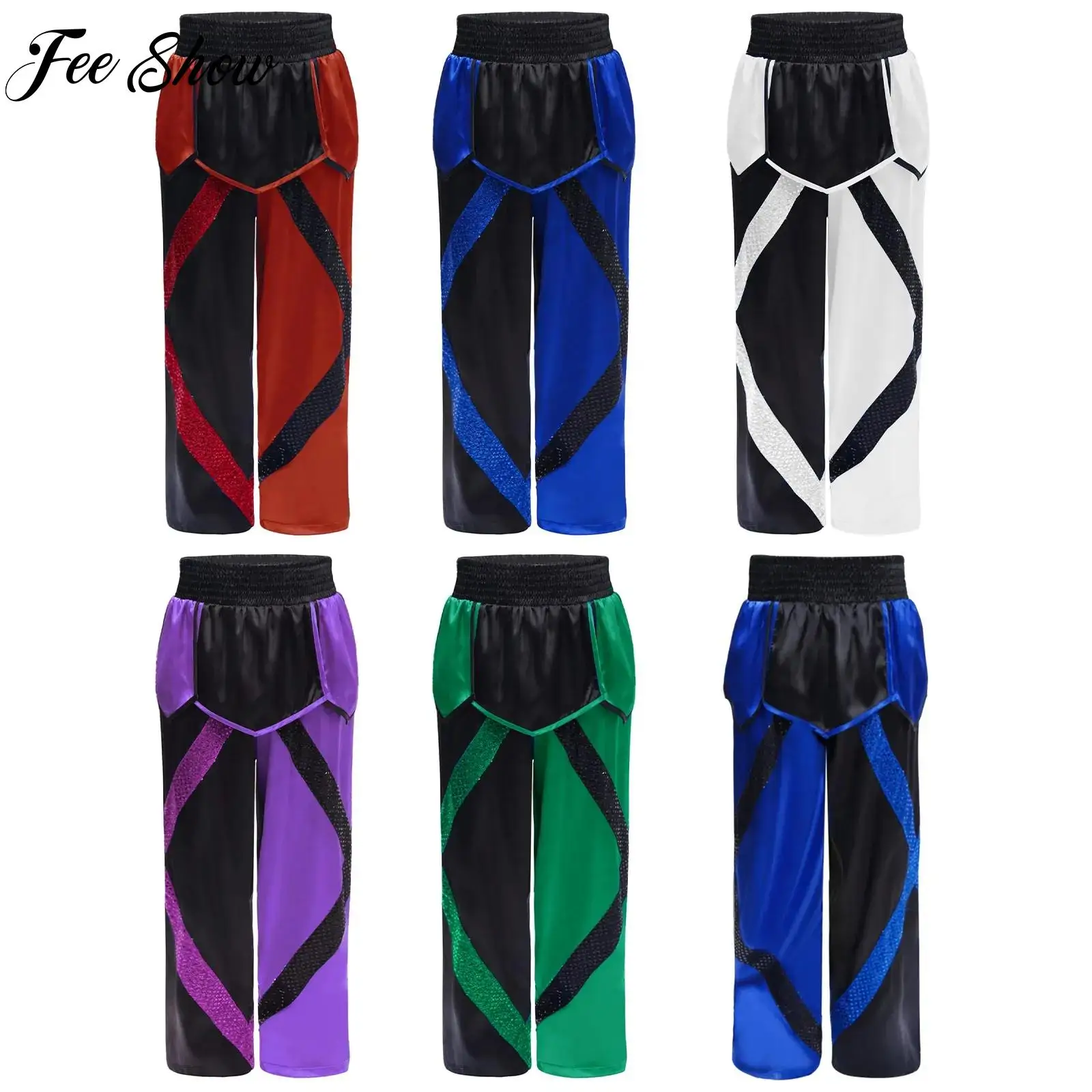 

Boys Boxing Satin Pants Kids Color Block Irregular Drapes Shiny Sequins Straight-Leg Trousers for Boxing Training Performance