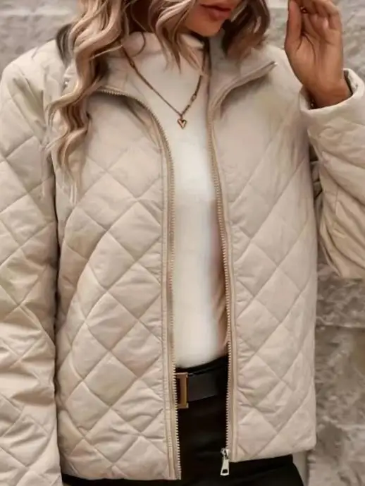 

Осенне-зимняя облегающая короткая куртка с ромбовидной сеткой и лацканами для женщин, повседневная, простая и теплая короткая куртка с длинными рукавами