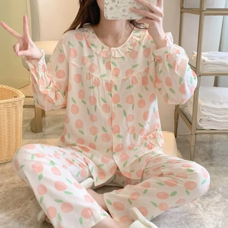 Women Sweet Long-sleeve Cardigan Pajamas Set Female Princess Style Floral Print Spring Summer Elastic Cuff 2 Pcs Home Clothing