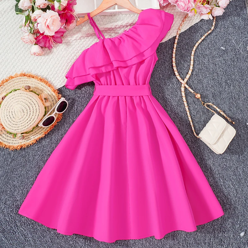 Summer Girls Cute Elegant Cool And Breathable Single Shoulder Belt Dress Solid Color Dress Princess Birthday Party Dress