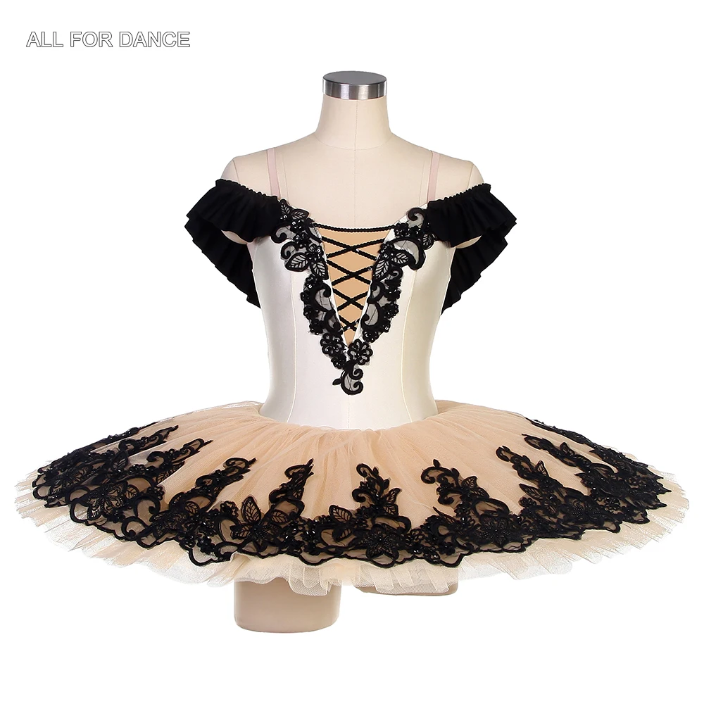 

BLL503 Ivory Spandex Bodice Ivory Tulle Tutu with Black Applique Decorated Pre-professional Ballet Tutu Ballet Dance Tutu