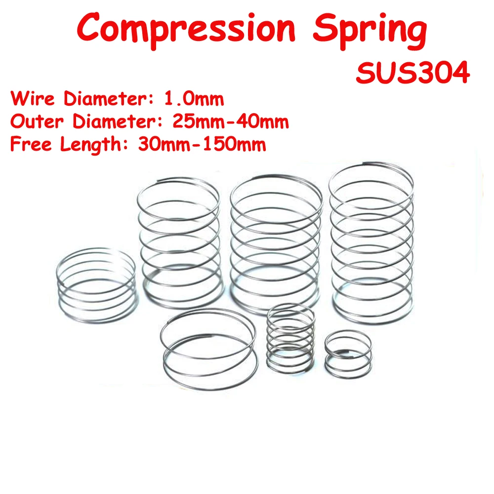 

3Pcs Wire Diameter 1mm SUS304 Stainless Steel Large Diameter Compression Spring OD=25mm~40mm Free Length 30mm ~ 150mm