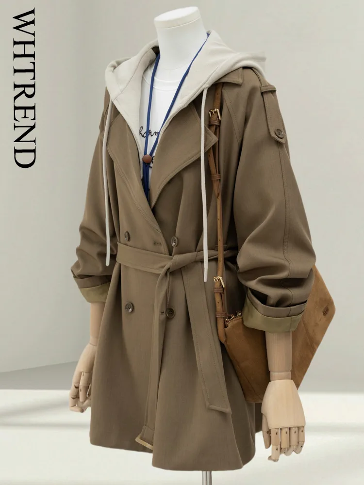 WHTREND الكورية نمط تصميم وهمية قطعتين مقنعين خندق معطف للنساء فضفاض منتصف طول سترة واقية سترة معطف WH1559 #1