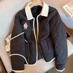 New Black Rhombic Pattern Quilted Jacket Korean Bear Embroidery Retro Thickened Coat Women Winter Casual Oversize  R192