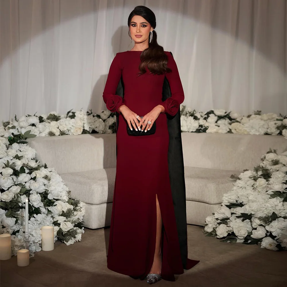 Vestido de baile personalizado, elegante, gola redonda, mangas compridas, flores, pedras pesadas, fenda lateral, vestido de festa de noite árabe