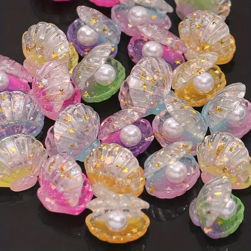 20 pieces of resin shell pendants with simulated pearls, rainbow colored miniature shell ornaments, DIY craft accessories for je