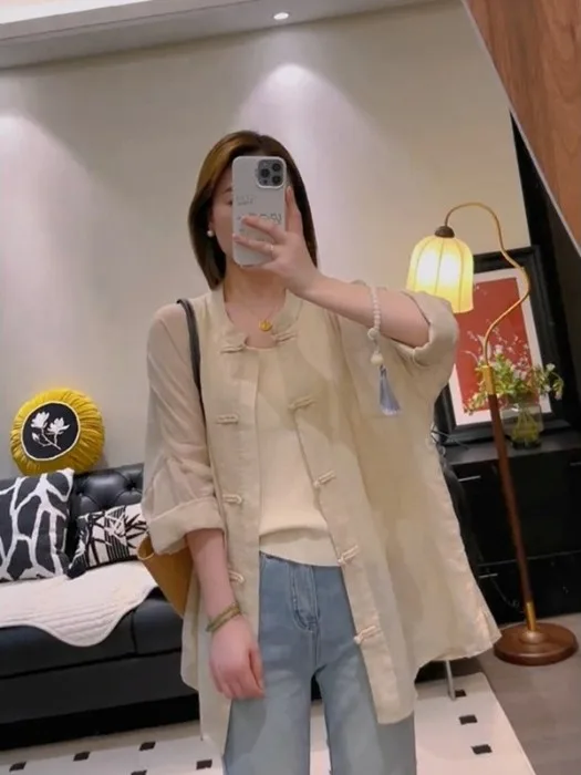 Nieuwe zomer lichtgewicht katoen linnen irt dames luxe sensatie button-up top casual losse pasvorm lange Sve opstaande kraag