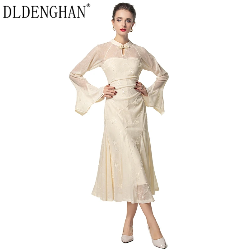 DLDENGHAN equins Embroidery Dress For Women Stand Collar Flare Sleeve Beading Chinese Style Dresses Fashion Autumn New