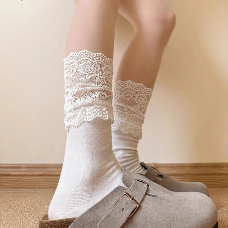1/2 Paar Spitzen-Patchwork-Süße weiße Mid-Tube-Socken für Damen, modisch und vielseitig, schöne schwarze lange Socken mit passendem Rock – Detail 2