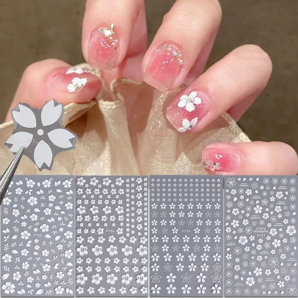 Sweet Nail Art Sticker Cherry Blossom Patterns 3D Nail Stickers White Flower Petals Wedding Design Spring Manicure Slider Decor