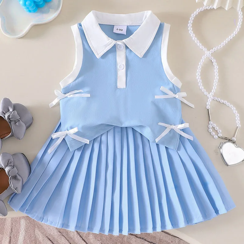 2Piece Summer Baby Clothes Girls Outfit Sets Korean Fashion Cute Bow Sleeveless Cotton Tops+Skirt Boutique Kids Clothing B062