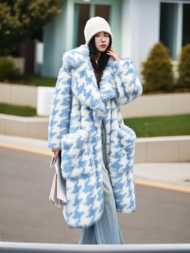 Autumn-Winter Houndstooth Faux Fur Coat Lapel Lady Furry Shaggy Outerwear Women's loose Long Jacket Promotion