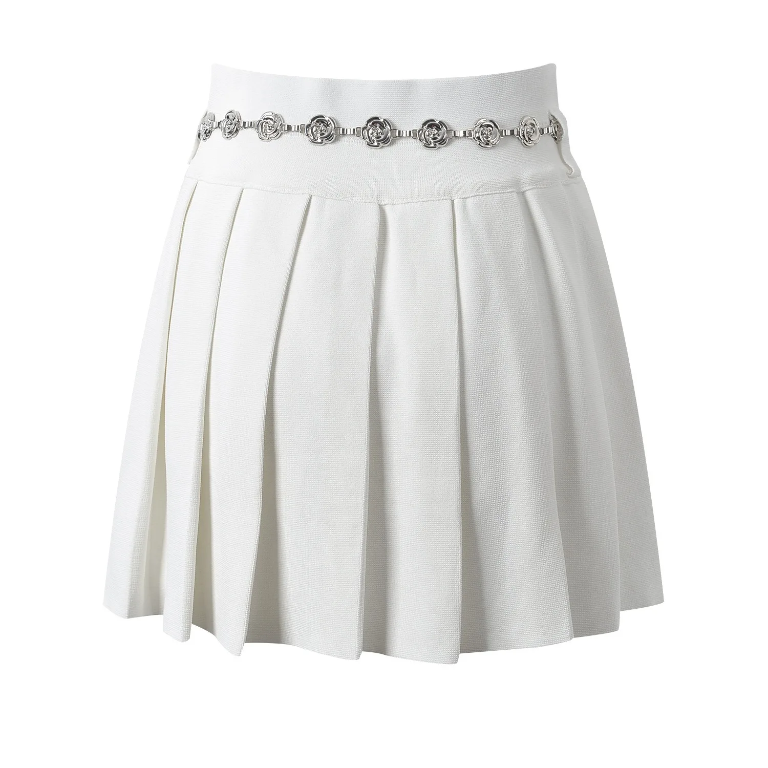 Amazing Designing All-matched Pleated A-line Women Black & White Knitted Mini Skirt with Chain Belt