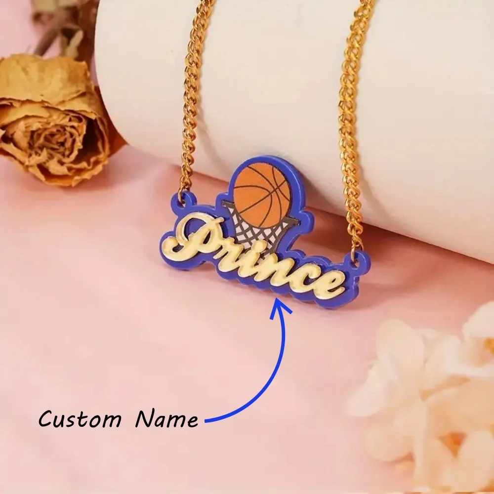 

Customized Name Necklace Personalized 18K Gold Plated Necklace With Basketball Acrylic Nameplate Jewelry Gifts for Women Girls