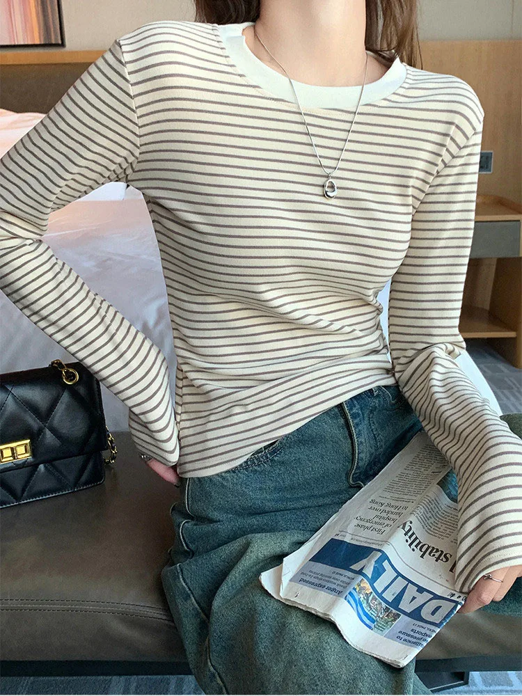 Striped O Neck T-Shirt for Women Korean Slim All-Match Soft Stretch Long Sleeve Tops Autumn Fashion Patchwork Casual Base Tees