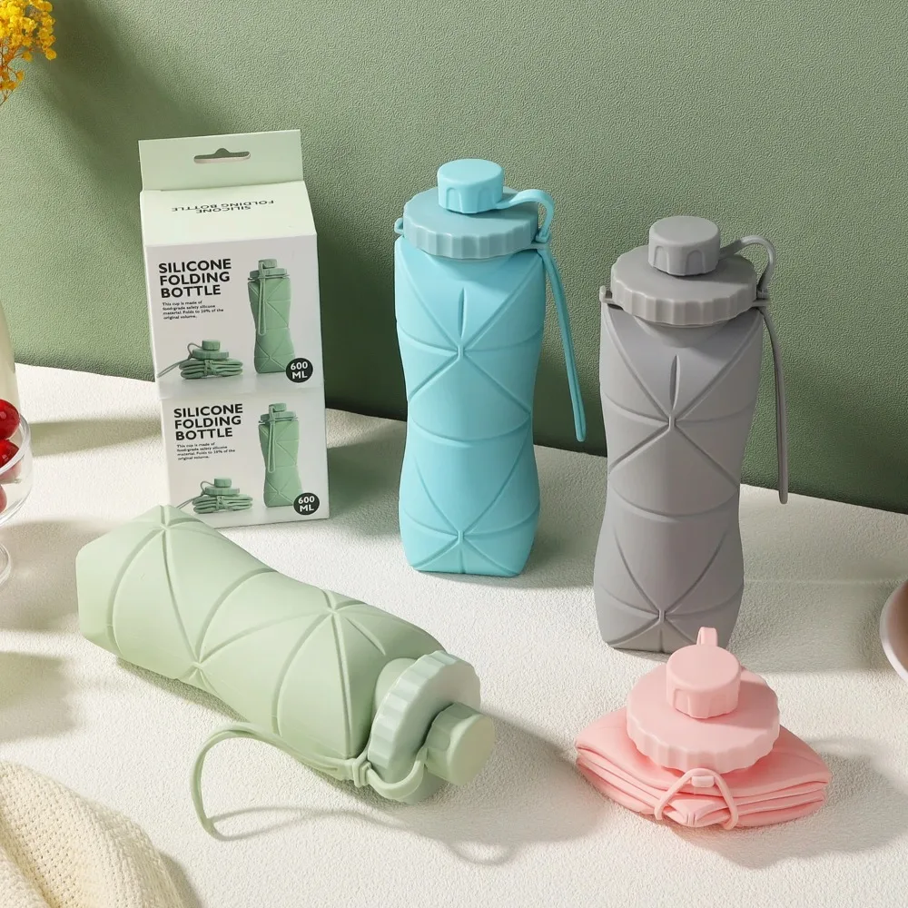 600ML Collapsible Silicone Water Bottle BPA Free Foldable Portable Leakproof Sports Cups Travel Camping Gym Cycling Drinkware