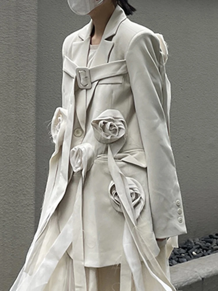 YERMORA Beige Three-dimensional Flowers Ribbon Blazer For Women Lapel Long Sleeve Loose New Jacket Fashion Spring Autumn 2025
