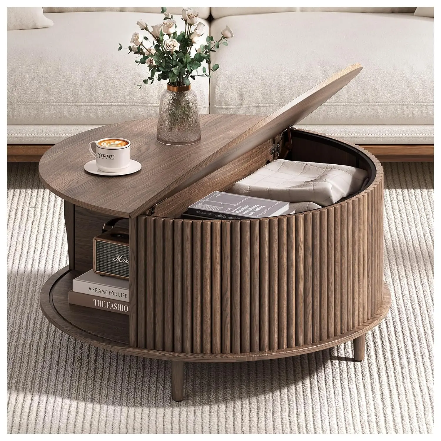 

Round Coffee Table with Storage, 31.5" Fluted Center Table for Living Room, Modern Walnut Wood Circle Drum Table, Customized
