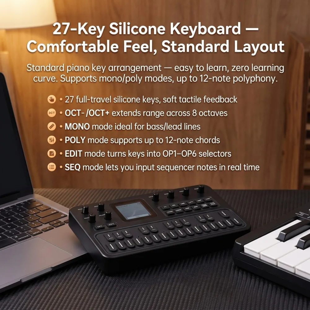 FM1 Portable FM Synthesizer 27 Key Mini Synth 12 Polyphony With For Midi For Music Production Live Performance Electronic