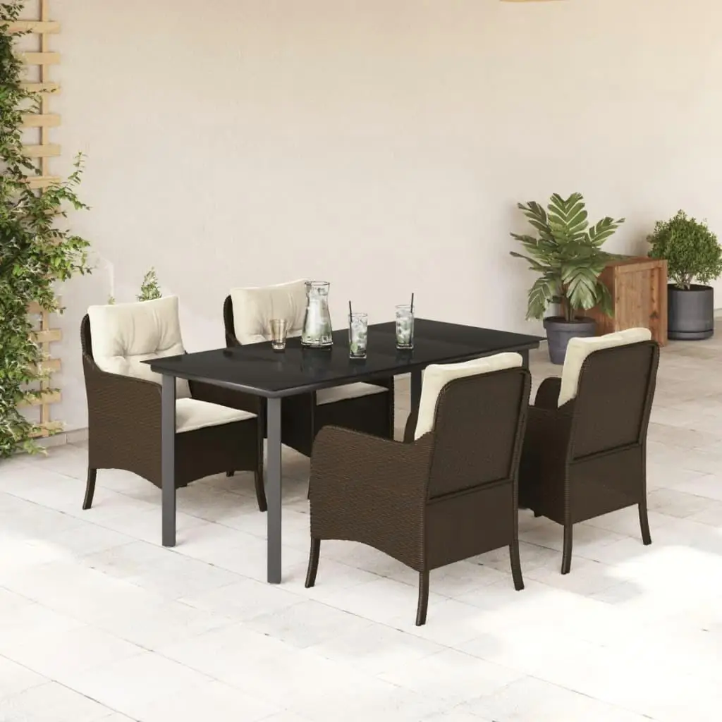 Set da pranzo da patio in polyrattan marrone da 5 pezzi con cuscini - Mobili da esterno eleganti