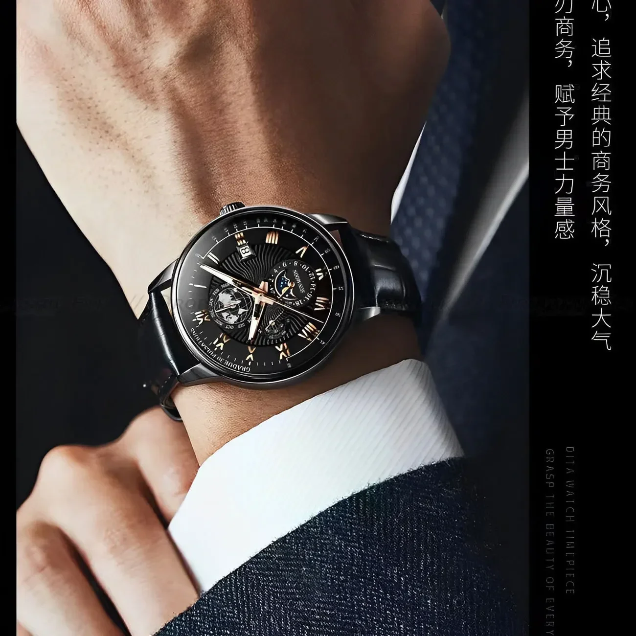 Luxury Man Watch Leather Chronograph Date Men\'s Phase of The Moon Timing Business Luminous Quartz Watch Relojes Relógios