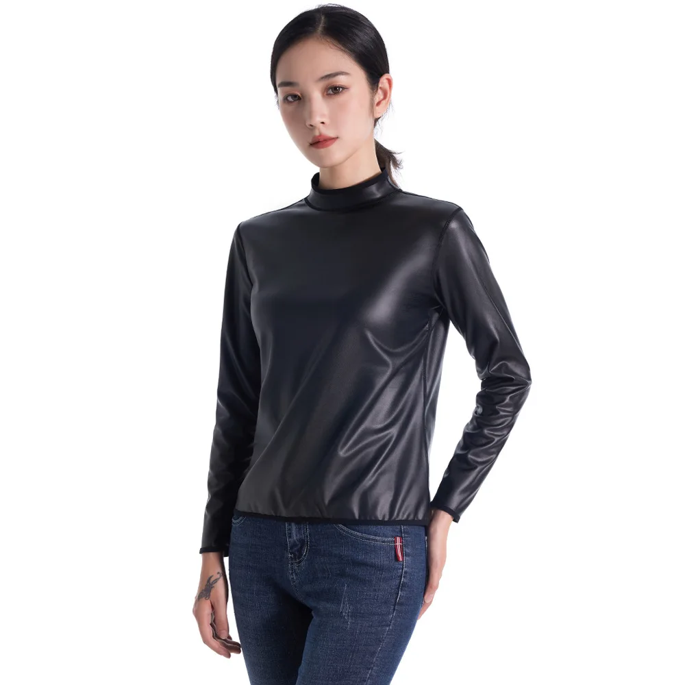 Tops de mujer de cuero PU con cuello alto y manga larga, estilo motero negro, con efecto moldeador de cintura, tipo camiseta ajustada, tops de moda moldeadores