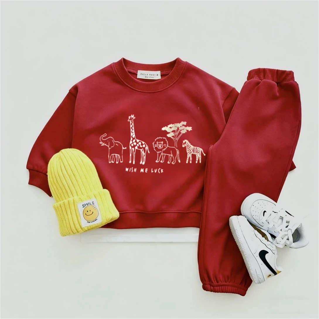 Red Orange Beige Suits Cartoon Sweatshirt+Pants 2Piece Set Cute Hoodie Solid Color Versatile Pants Kids Spring Autumn Costume