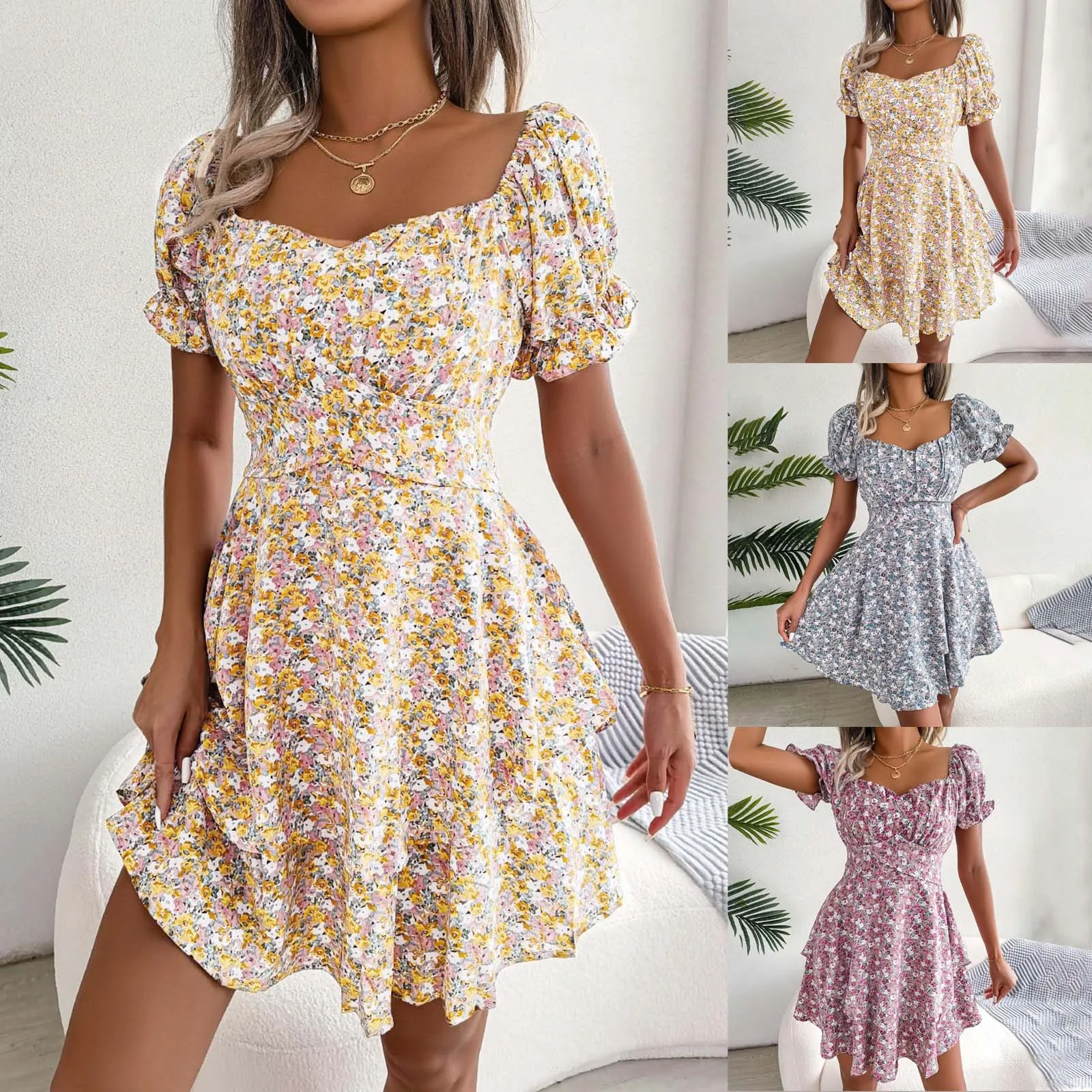 Summer Floral Print Dress Square Collar Lace-up Waist Tight High-Waist Sweet Style Mini Dress Women Puff Short Sleeve Dress