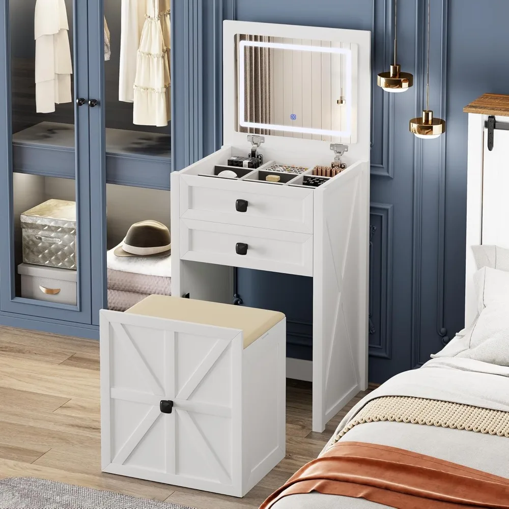 

Farmhouse 3 in 1 Vanity Desk with Mirror,Small Makeup Vanity Set with Soft Light, Space-Saving Makeup Vanity with Storage