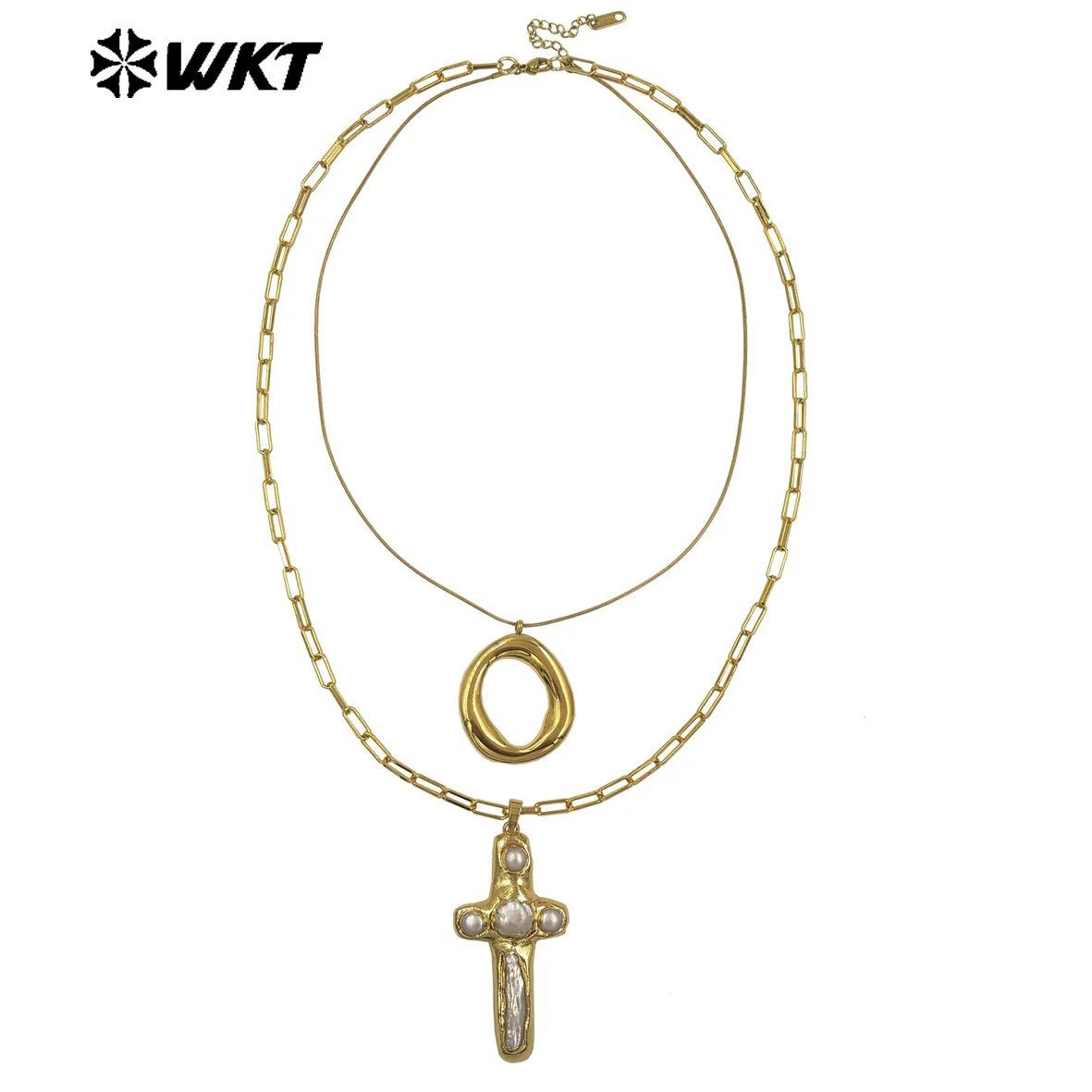 

WT-JN366 Unique Double Layer Necklace Pearl Paved 18k Gold Plated With Star Flower Hollow Charms For Women Clavicle Chain
