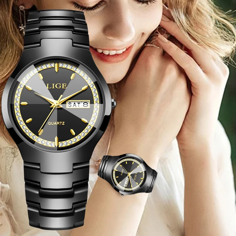 

LIGE новые креативные керамические часы женские круглые из нержавеющей стали кварцевые женские часы с датой недели водонепроницаемые женские наручные часы-браслет