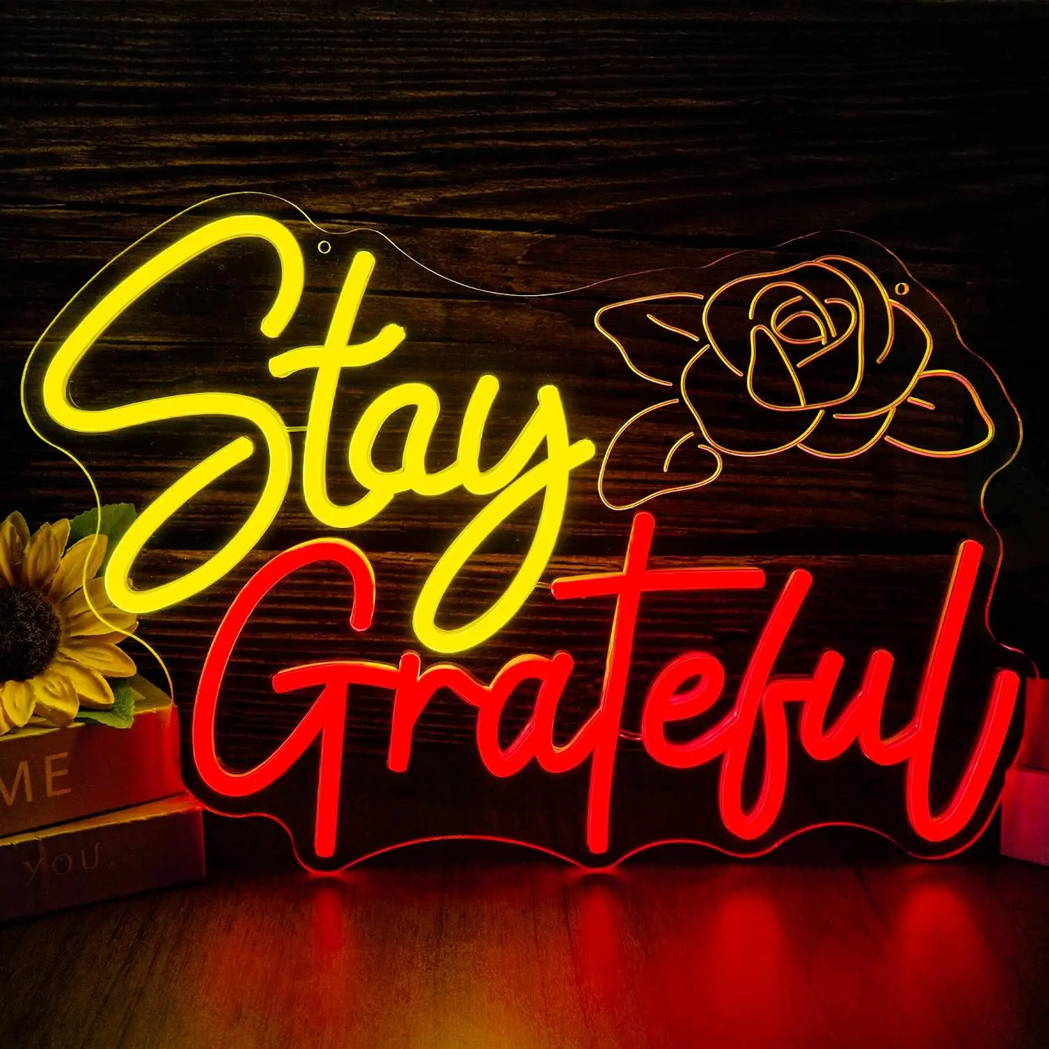 Stay Grateful Neon Sign Rose Gratitude LED Neon Light for Bedroom Office Game Room Wall Decor Gift Night Light USB Powered