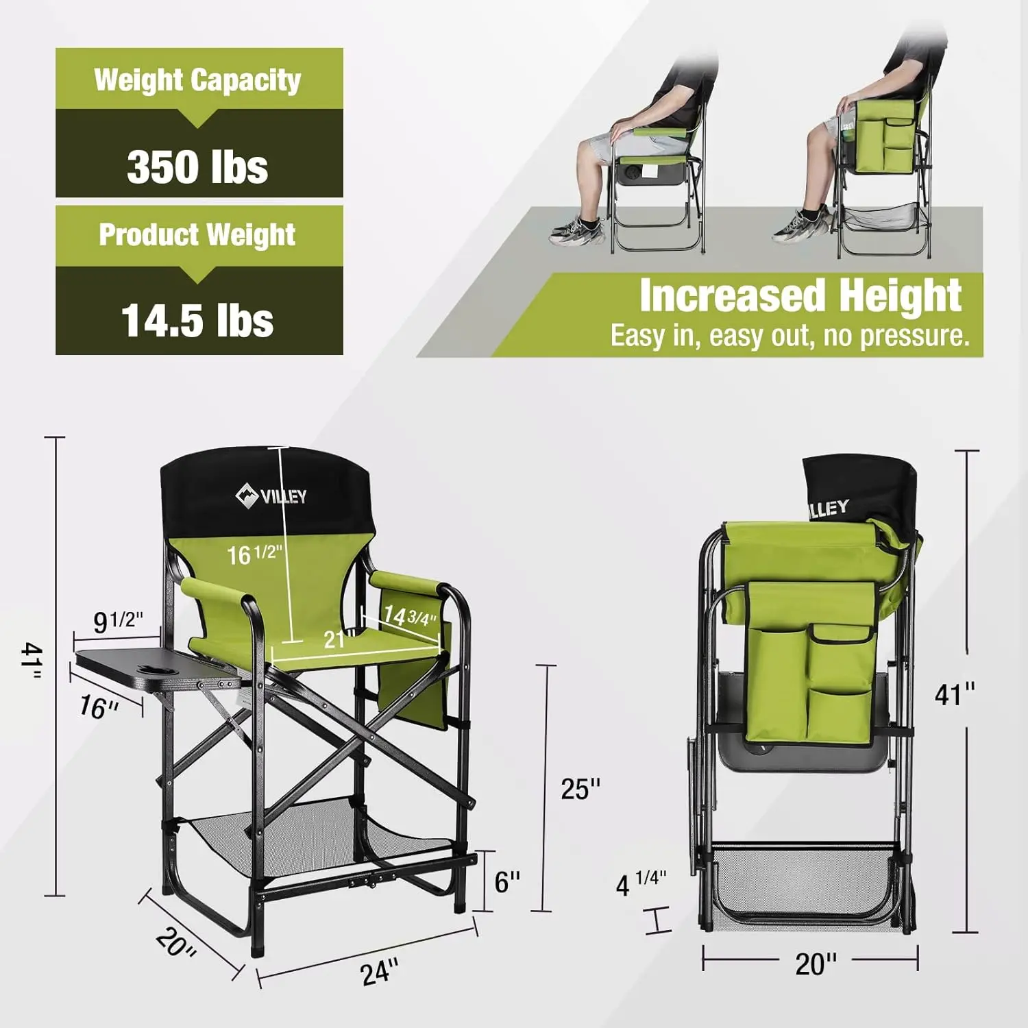 VILLEY hoge regisseursstoel, opvouwbare campingstoelen, make-upartieststoel, 900D-stof voor het afdekken van kampgazonpicknick, groen/blauw