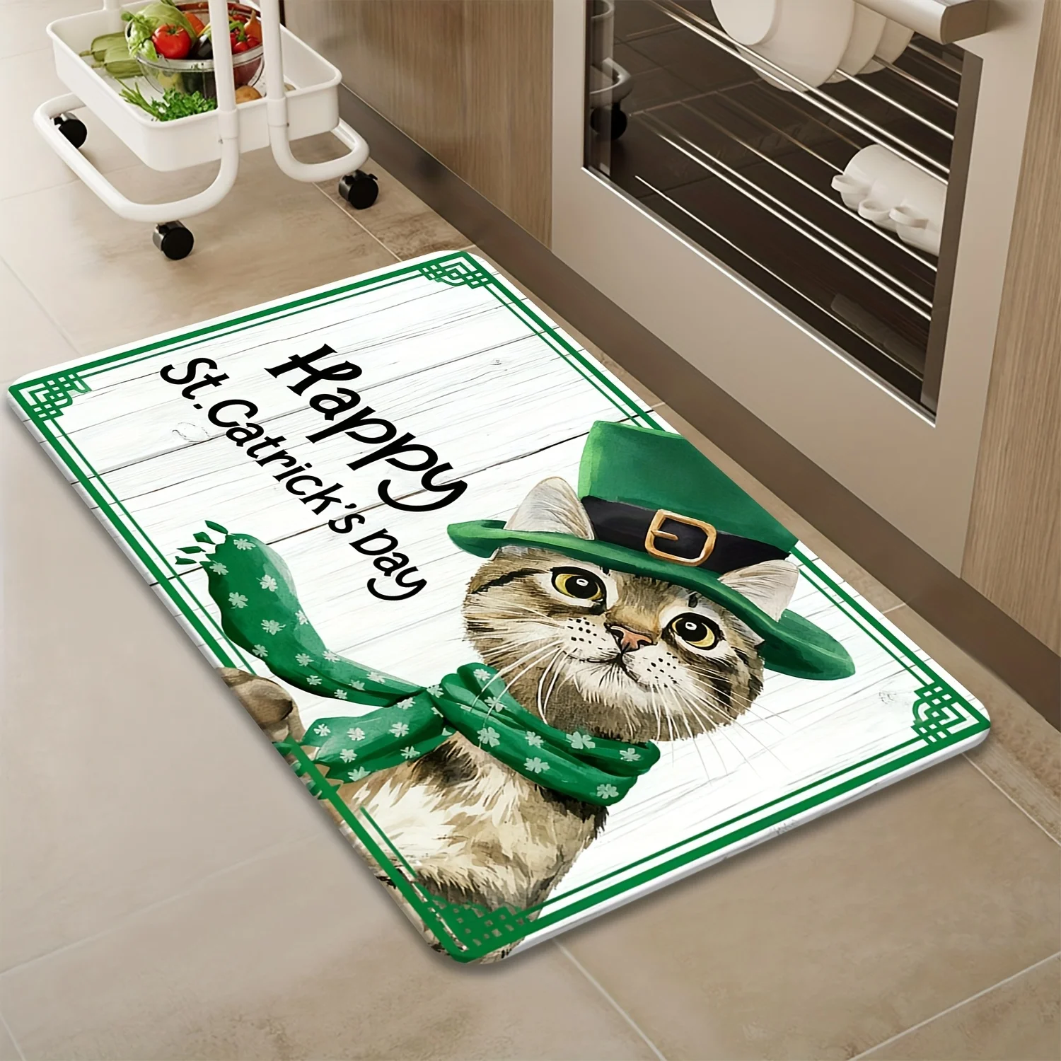 St. Patrick's Day Festival Floor Rug Cute Cat Green Top Hat Clover Rustic Wooden‑Board Festive Decor Area Rug for Home Ornament