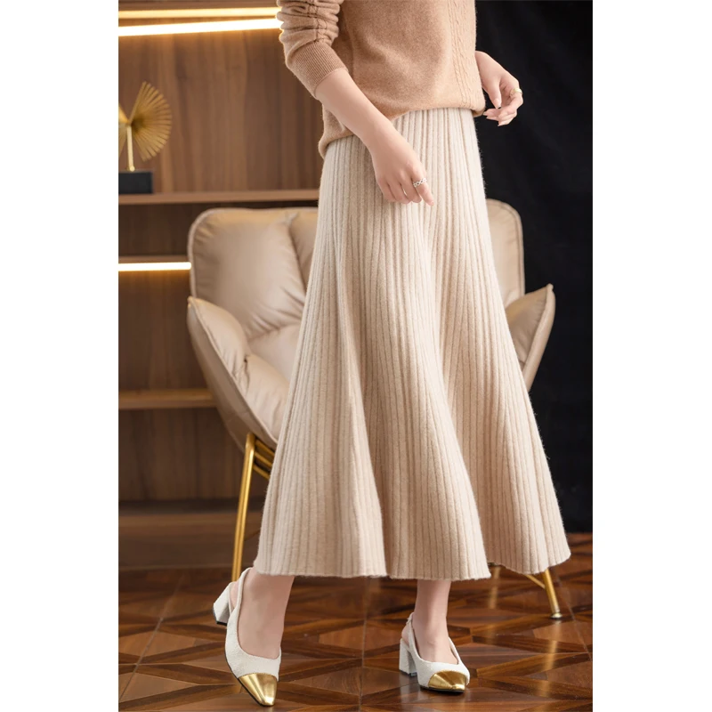 

Autumn And Winter New 100% Pure Wool Pleated Skirt Women's Knitted Skirt High Waist Joker Cashmere Long Umbrella Skirt