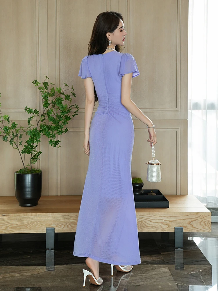 French Romance Purple Vacation Dress Women Elastic Mesh Clothes Elegant Flowers Folds Slit Maxi Robe Beach Party Prom Vestidos