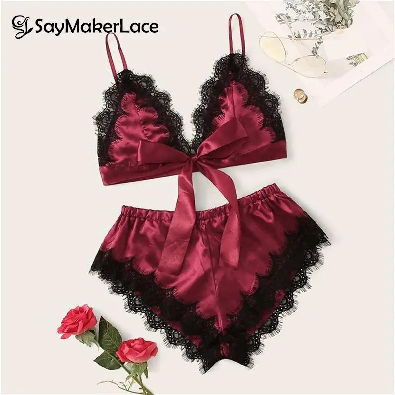 

1Set Lingerie Sexy Bra Set Women's Sleepwear Sleeveless Strap Lace Trim Satin Cami Tops Pajama Sets Bras Women Brief Sets