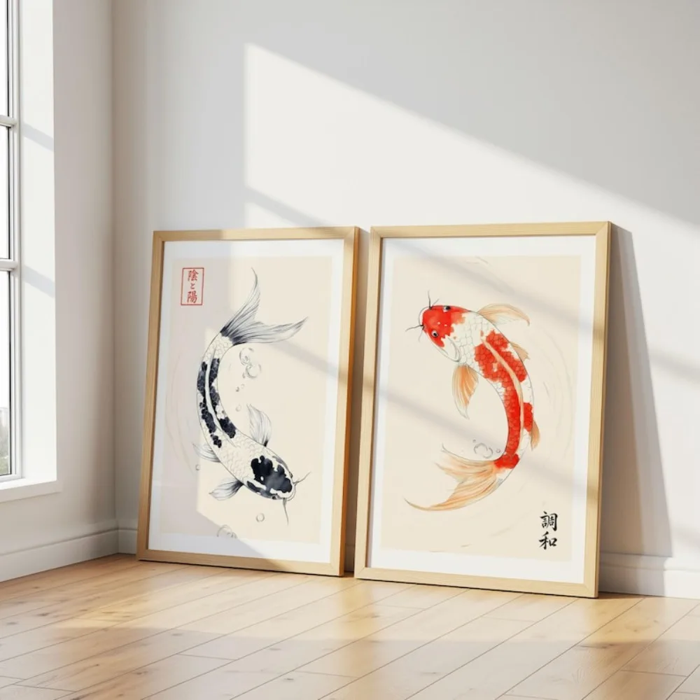 2PCS Large-sized frameless canvas paintings,2 Frameless Japanese Koi Fish Posters,Minimalist Art Zen Water Painting,Japanese Dec