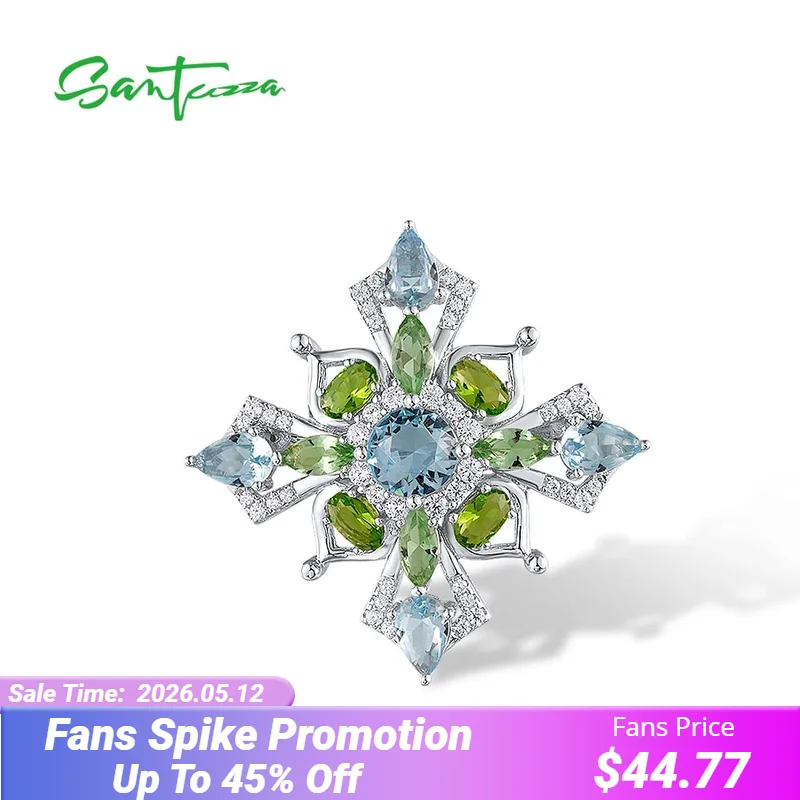 

SANTUZZA Genuine 925 Silver Brooch For Women Sparkling Blue & Green Stone Delicate Wedding Party Gifts Fine Jewelry