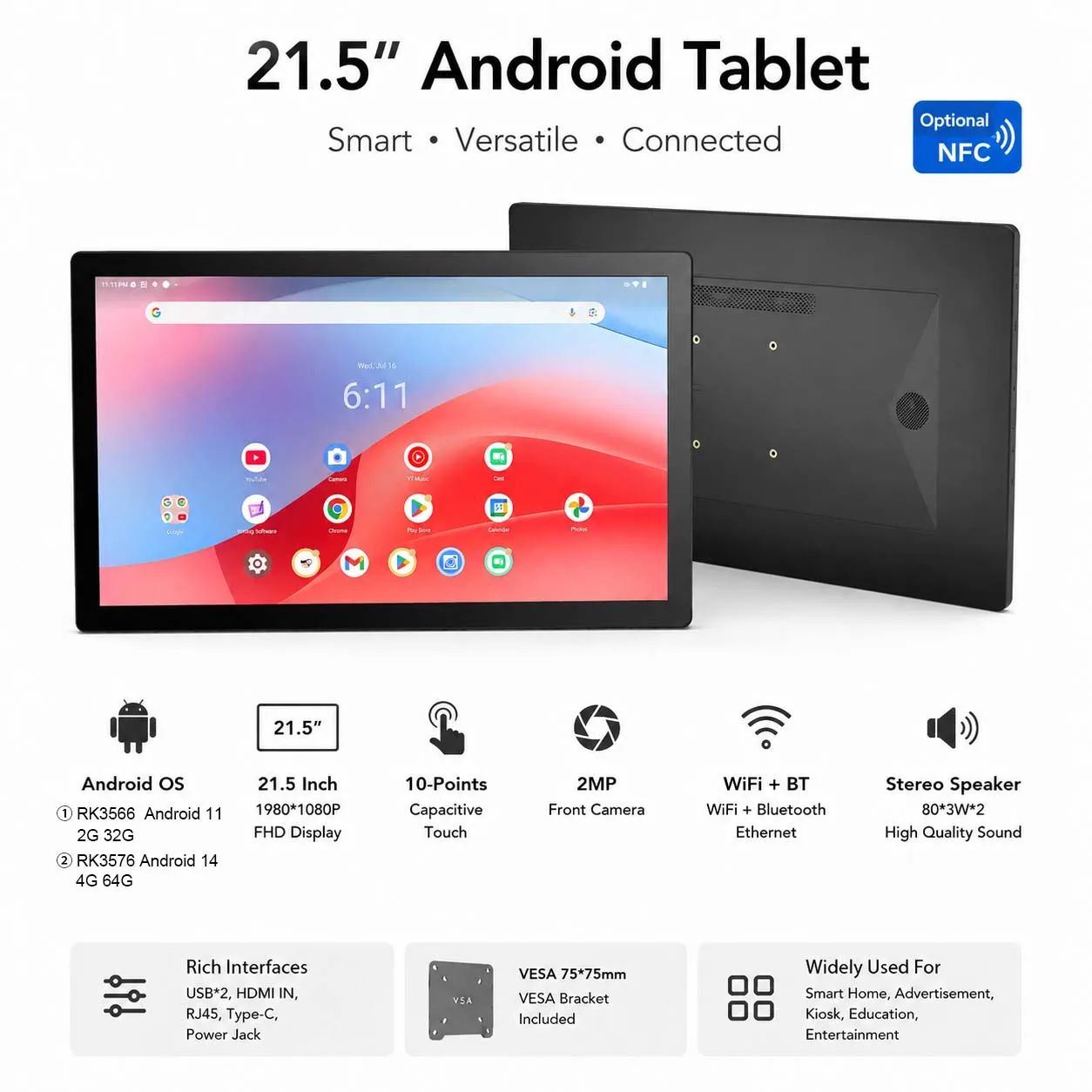 

21.5 Inch All-in-One Touch Tablet, Android 14/11, RK3576S 4+64GB FHD 1080P, POE & Camera, Business Office & Smart Home Control