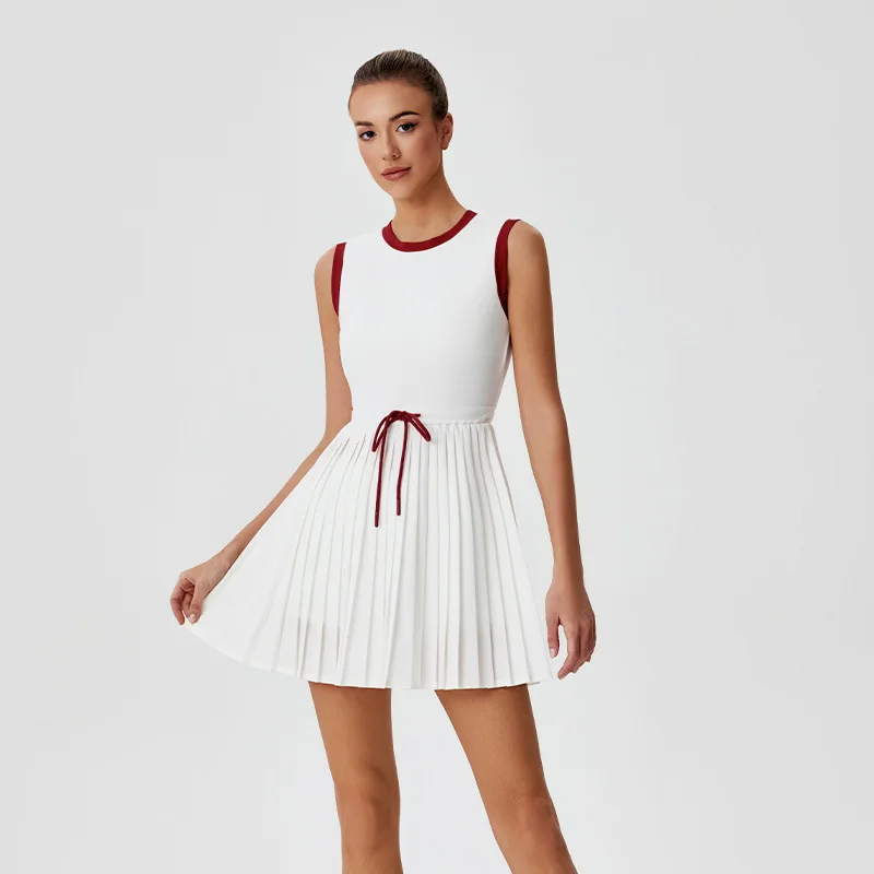 Sports New Tennis Dress Woman Sleeveless Vest Dresses Drawstring Pleated Skirt Set Elasitc Contrasting Color High-waist Skort