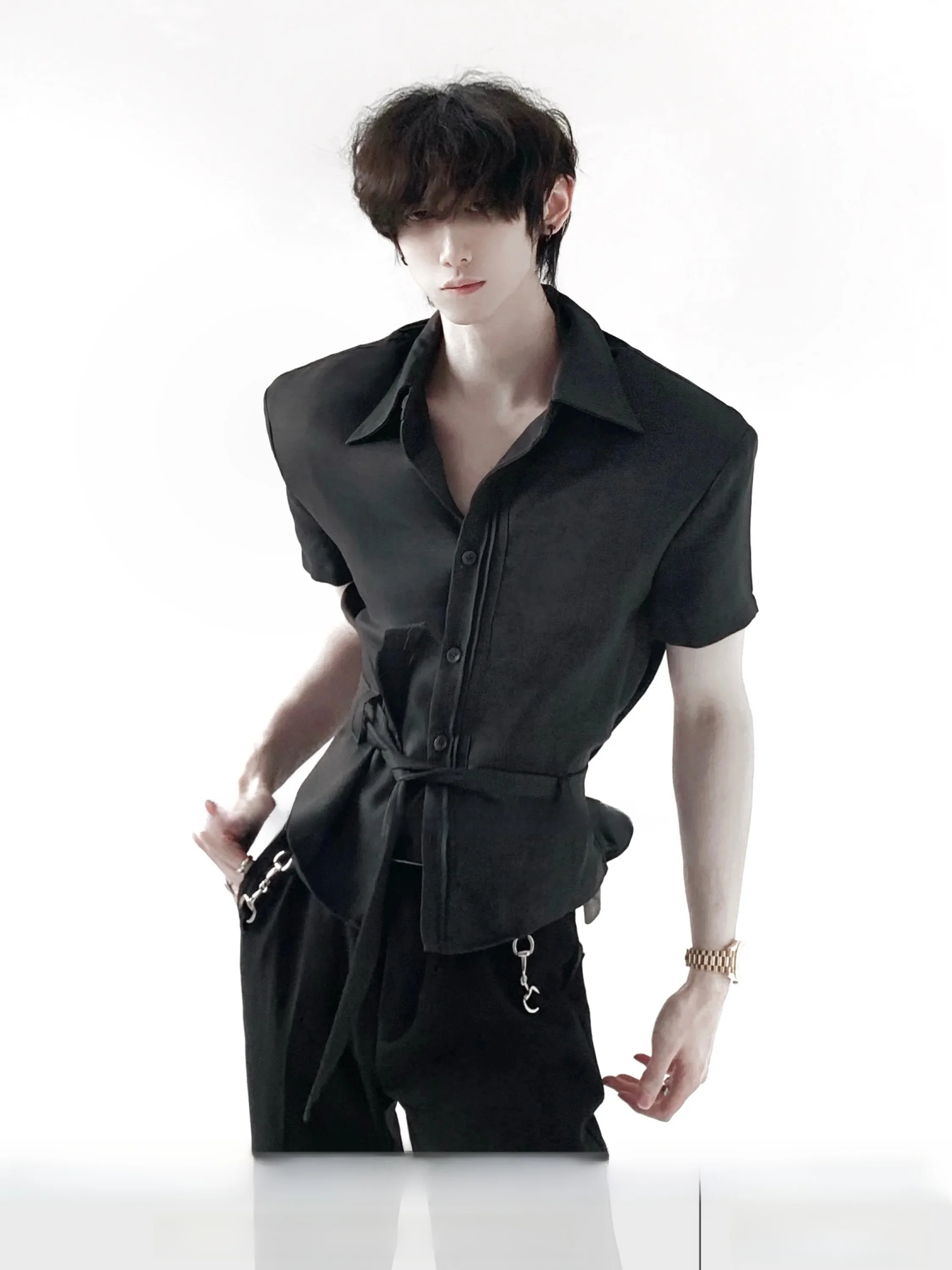 Elegant Old Money Style Linen Shirt Tie Shoulder Pads Short Sleeve Cleanfit Men's High Intelligence Sensation Autumn Mountain...