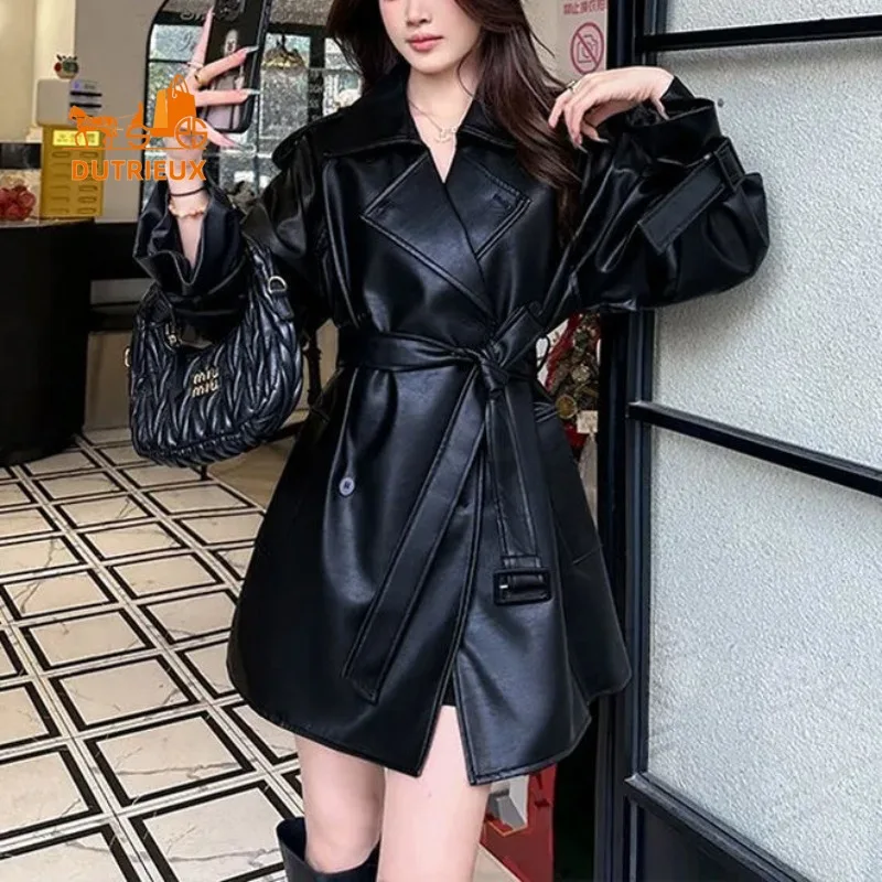 2025 New Spring and Autumn Women's Retro Motorcycle Long 100% Genuine Leather Jacket with Slim Waist, Waterproof Coat for Women