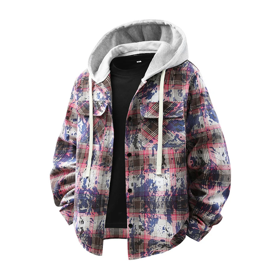 Hooded Tie-dye Plaid Shirt Men Long Sleeve Shirts Spring Autumn Fake Two Pieces Plaid Shirts Jacket Male Fashion Casual Blouse