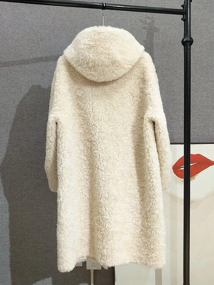 النساء الشتاء سميكة الدافئة الأغنام الحقيقي الفراء معطف طويل مقنعين 100% معطف الصوف Vintage سيدة أنيقة فضفاضة تناسب مستقيم معطف واقٍ من المطر