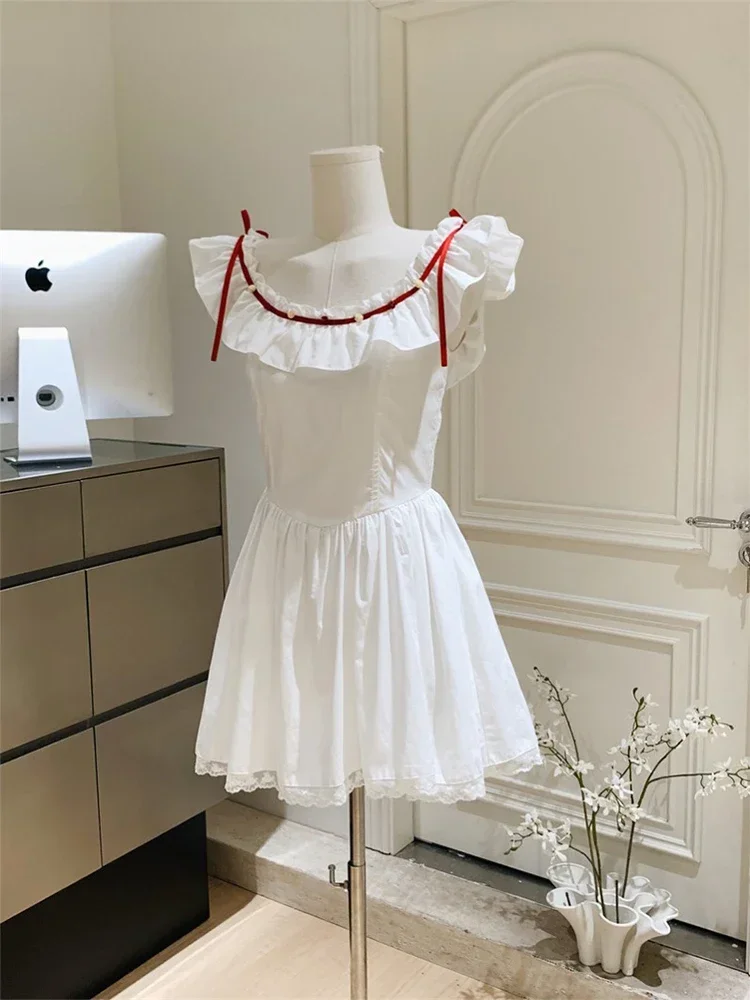 Women White A-line Evening Dress Vintage Sleeveless Mini Dresses Y2k Elegant One Piece Frocks 2000s Cutecore Clothes Summer 2024